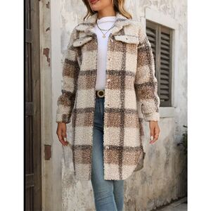 NWT Gorgeous Sz L Tan / Ivory Plaid Sherpa Teddy   Button Down Long Shirt Jacket
